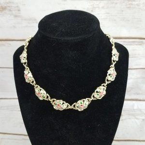 Vintage Choker Necklace White Enamel Pink Flowers